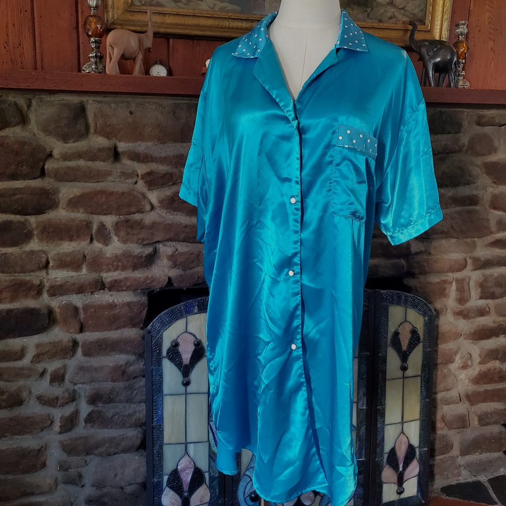Scaasi Vintage Satin Sleep Shirt Nighgown Robe M/L Teal Blue Polka Dot USA